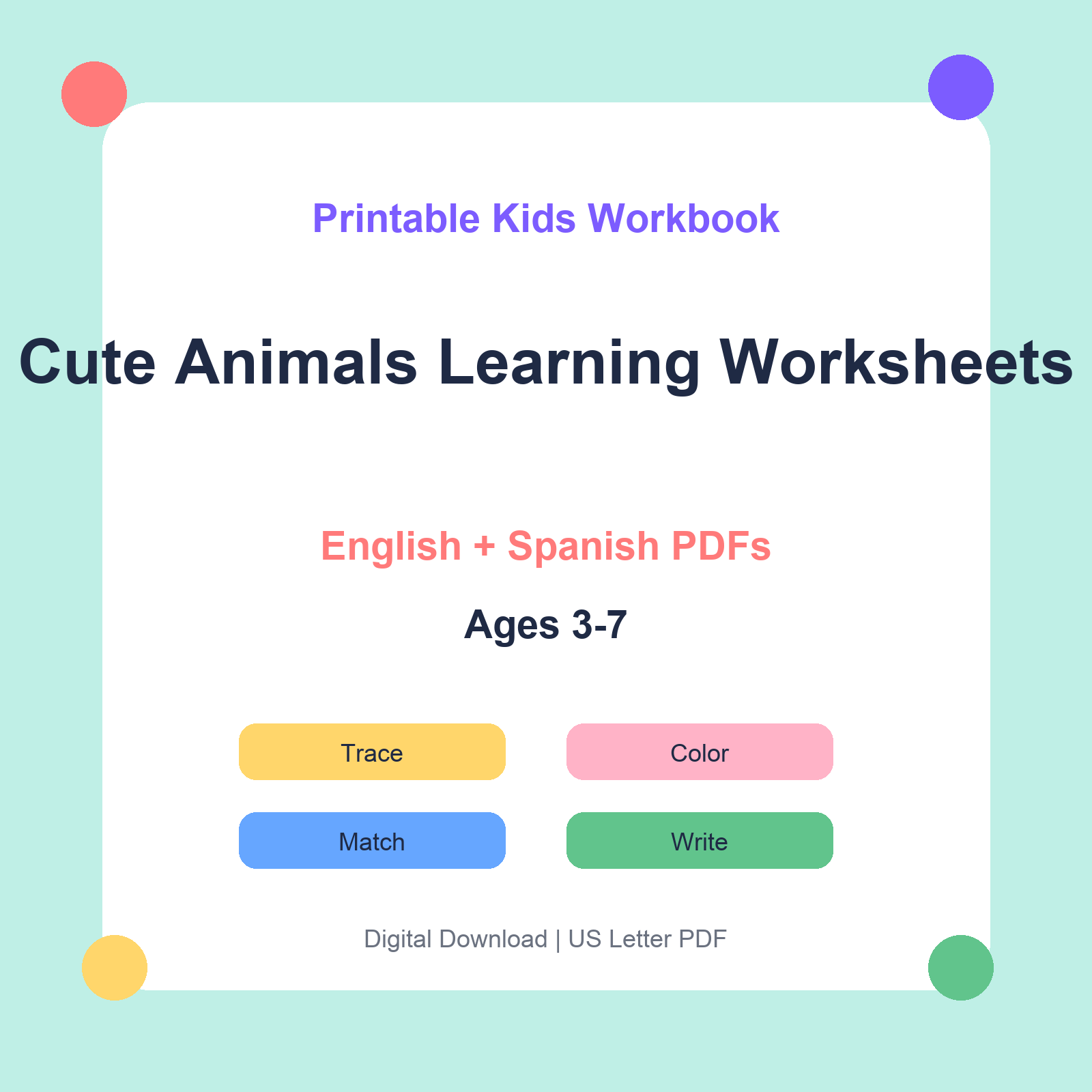 Cute Animals Learning Worksheets bilingual printable workbook thumbnail