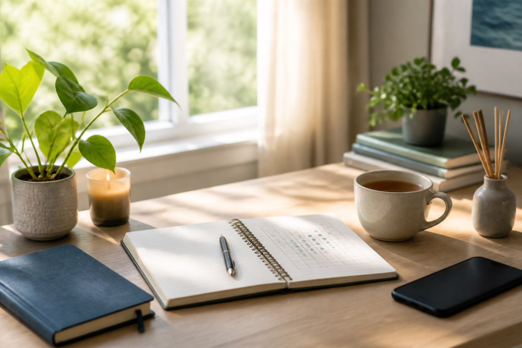 A calm desk with a notebook, tea, and a phone placed face down for a clarity reset