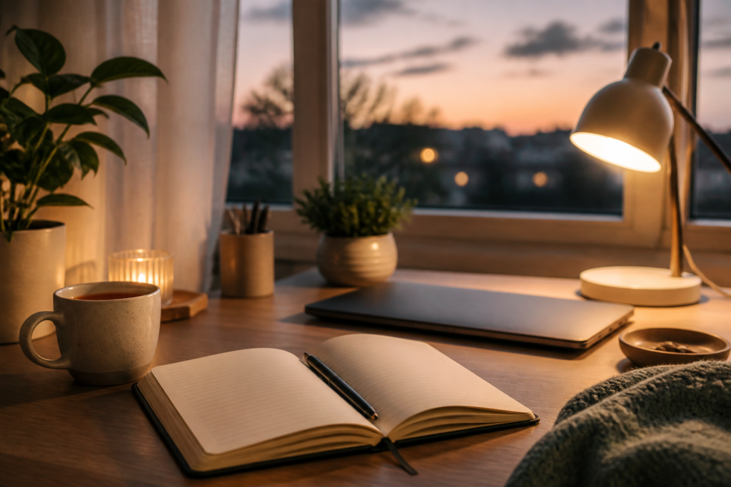 A warm evening desk with a journal, tea, and lamp for a calm reset routine