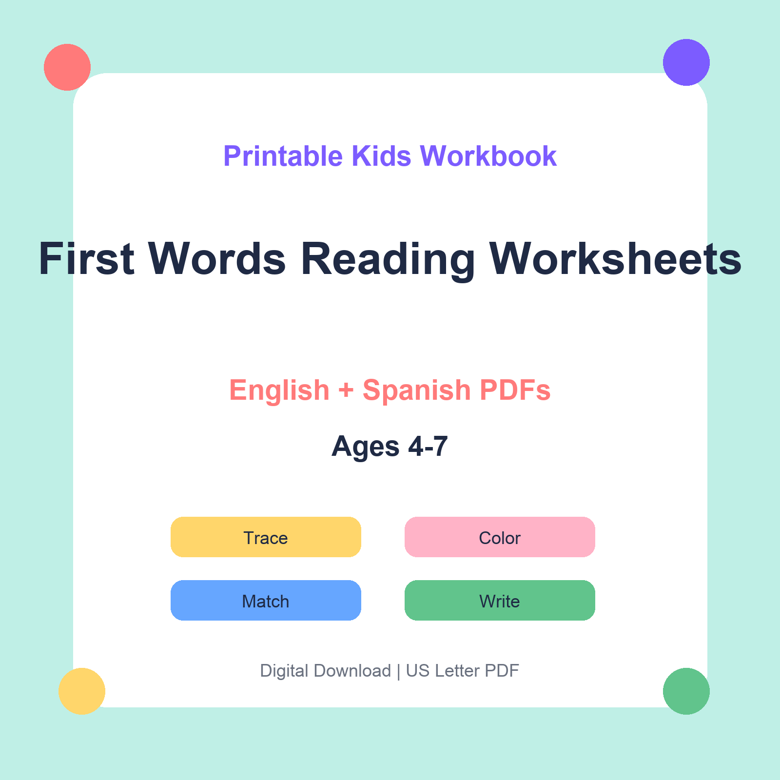 First Words Reading Worksheets bilingual printable workbook thumbnail