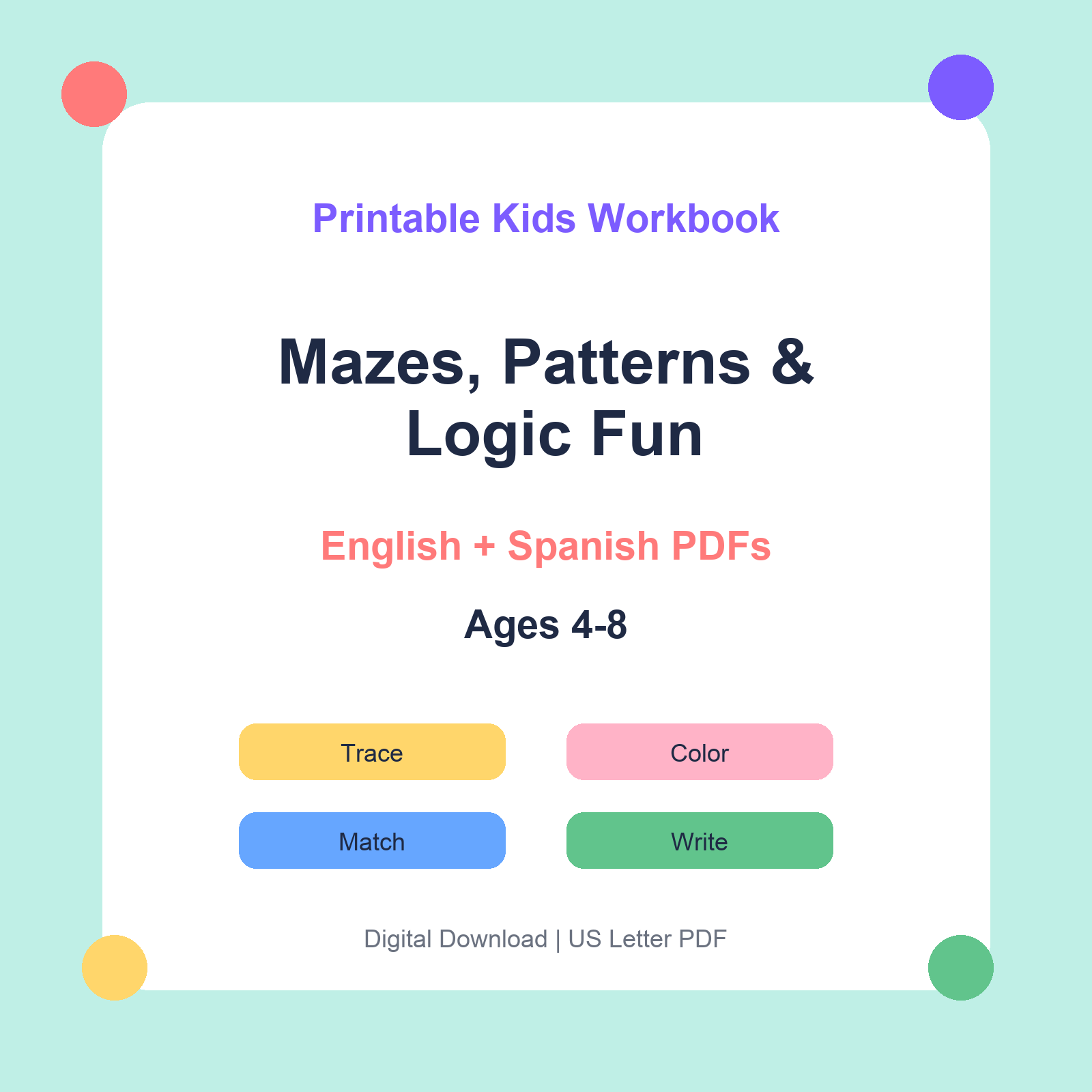 Mazes, Patterns & Logic Fun bilingual printable workbook thumbnail