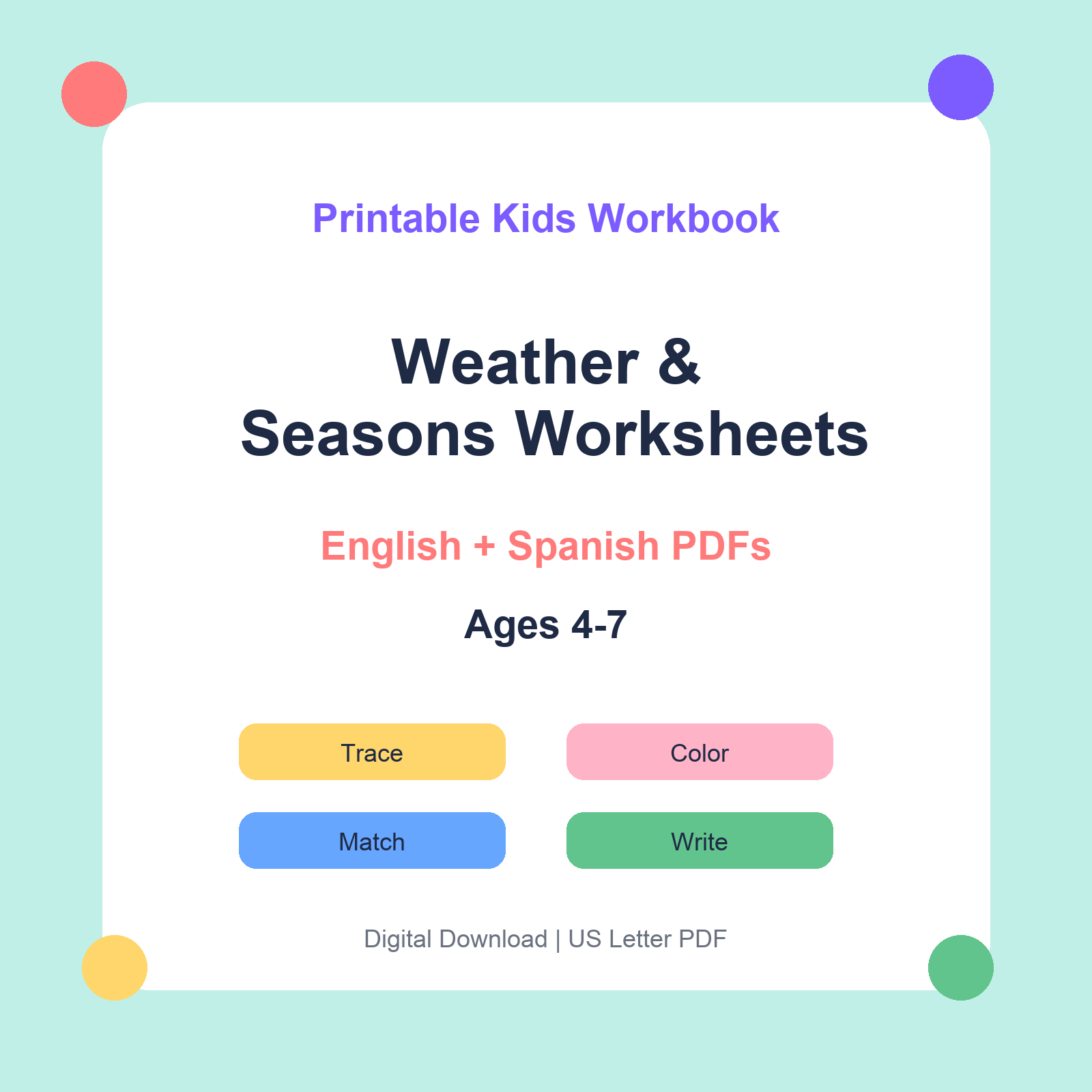 Weather & Seasons Worksheets bilingual printable workbook thumbnail